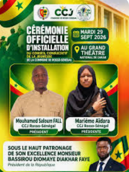 Sénégal :La cérémonie d’installation officielle du Conseil Consultatif des Jeunes du Sénégal (CCJS) se tient ce mardi 29 septembre 2026 au Grand Théâtre National de Dakar