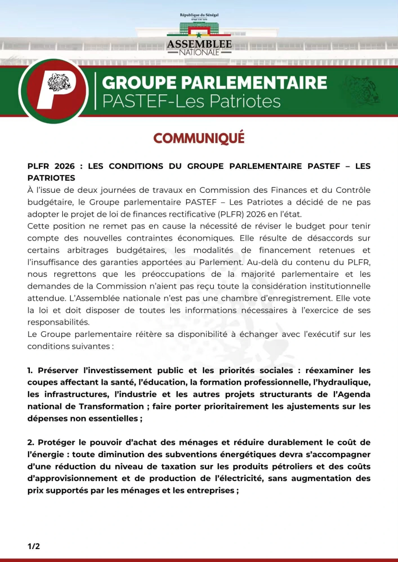 SENEGAL : LE GROUPE PARLEMENTAIRE PASTEF REFUSE D’ADOPTER LE PLFR 2026 EN L’ÉTAT